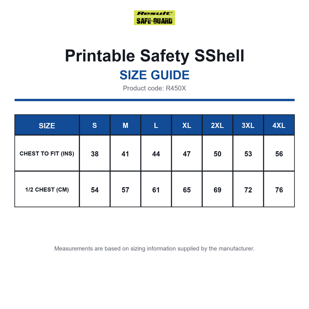 R450X Result Safeguard Printable Safety SShell size guide (R450X)