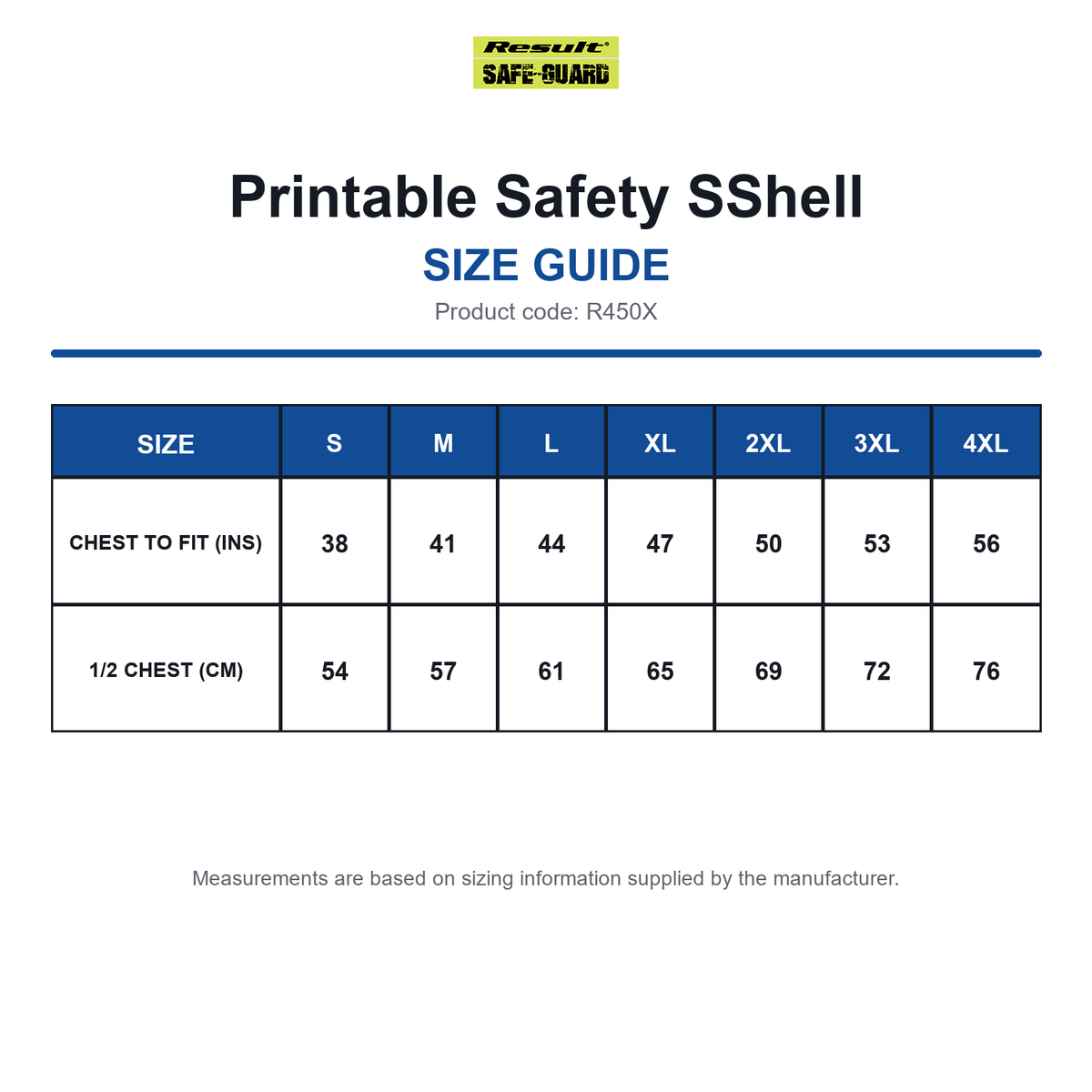 R450X Result Safeguard Printable Safety SShell size guide (R450X)