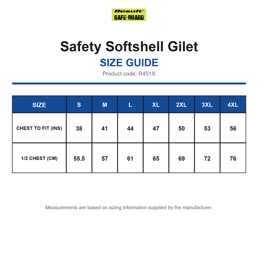 R451X Result Safeguard Safety Softshell Gilet size guide (R451X)