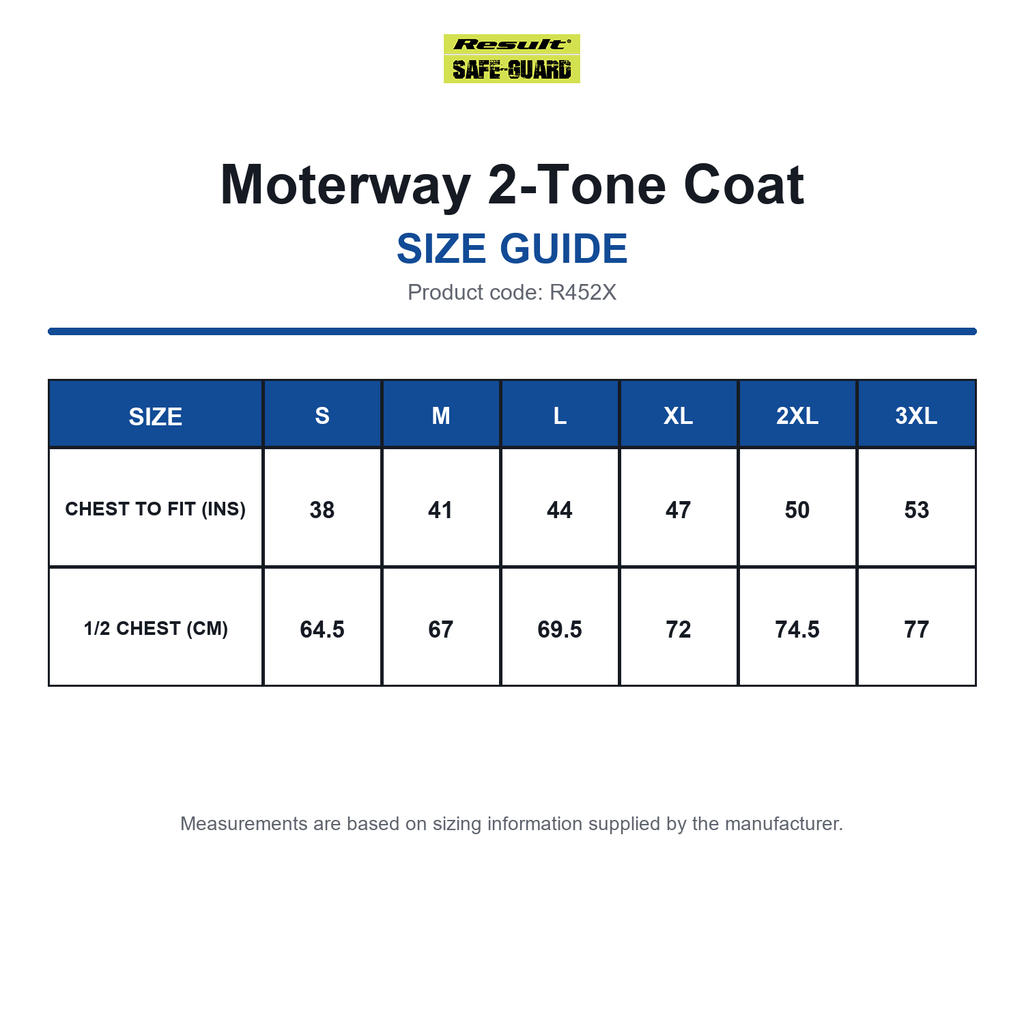R452X Result Safeguard Moterway 2-Tone Coat size guide (R452X)