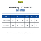 R452X Result Safeguard Moterway 2-Tone Coat size guide (R452X)