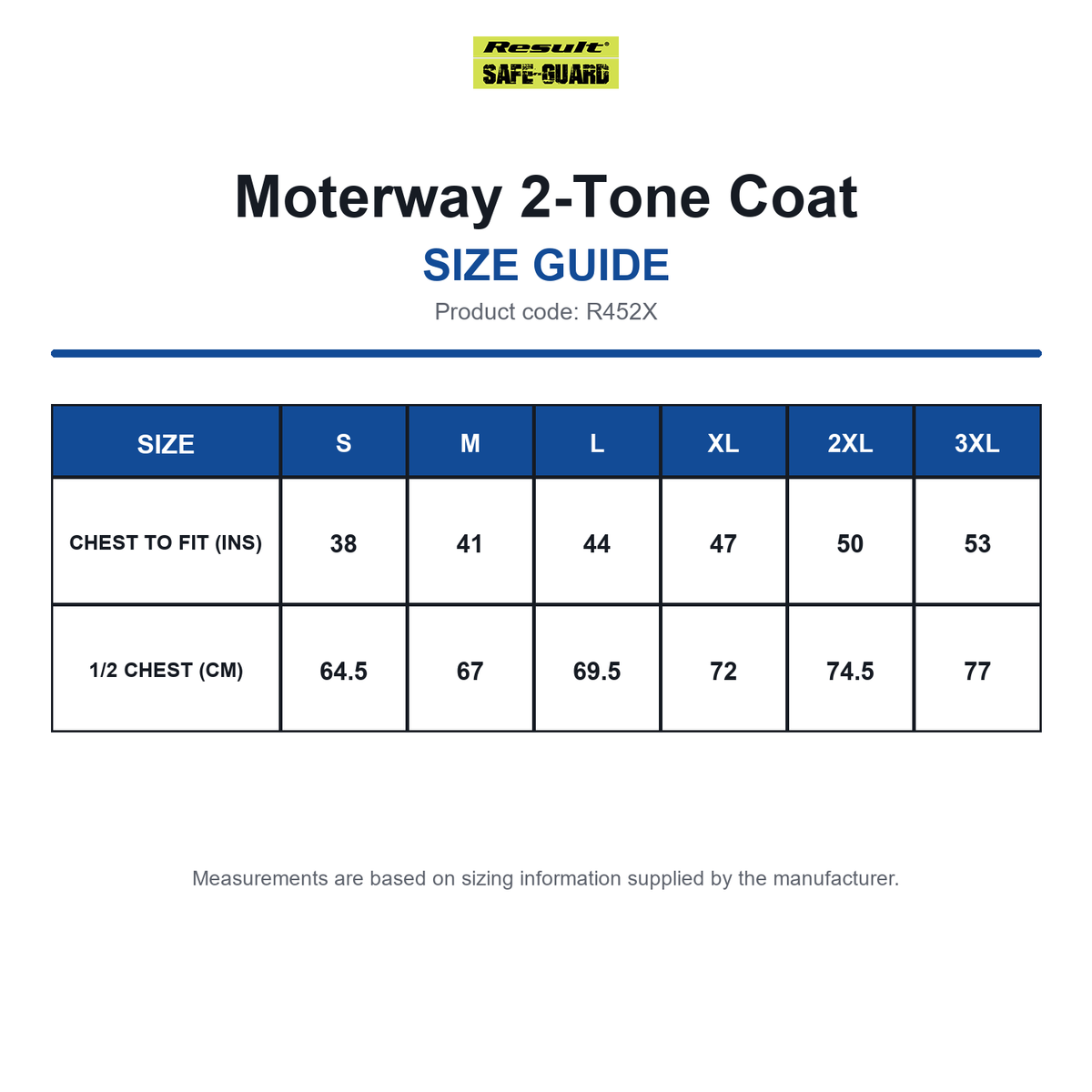 R452X Result Safeguard Moterway 2-Tone Coat size guide (R452X)