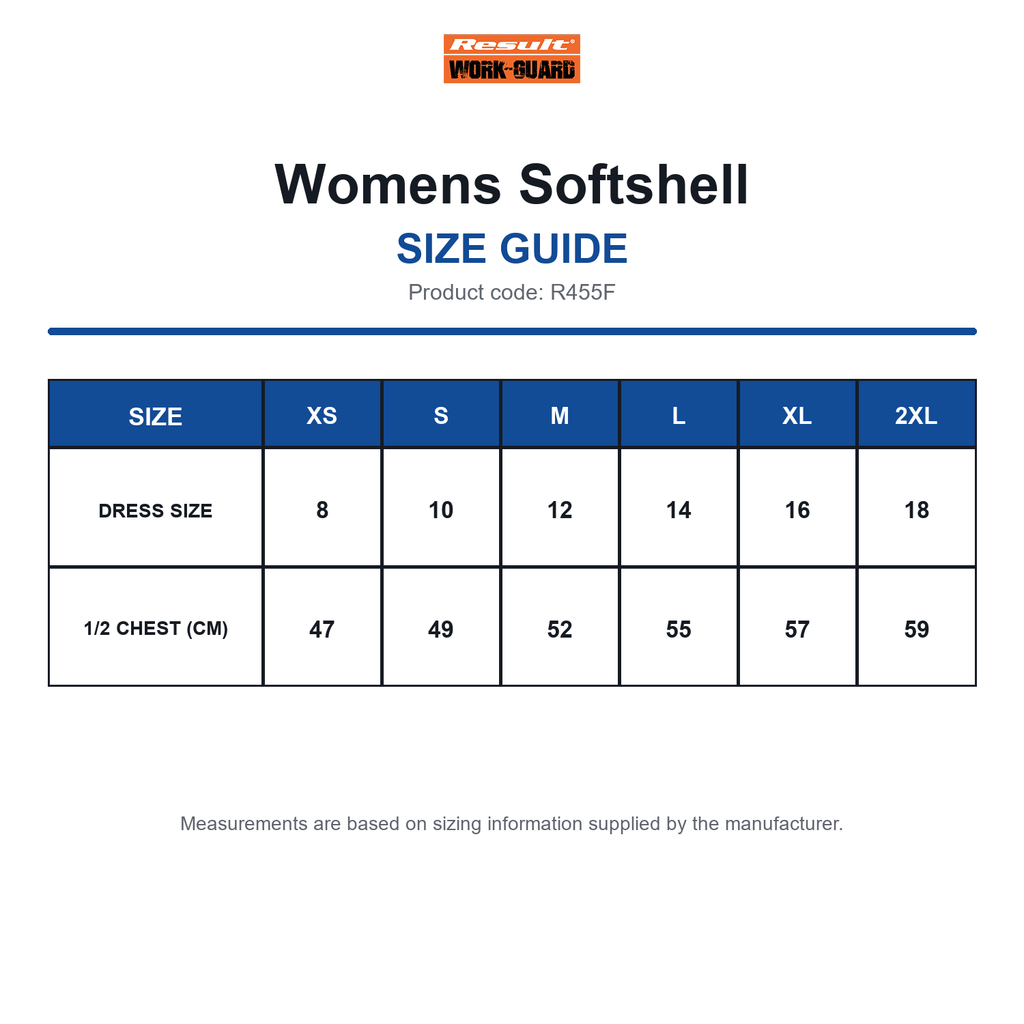 R455F Result Workguard Womens Softshell size guide (R455F)