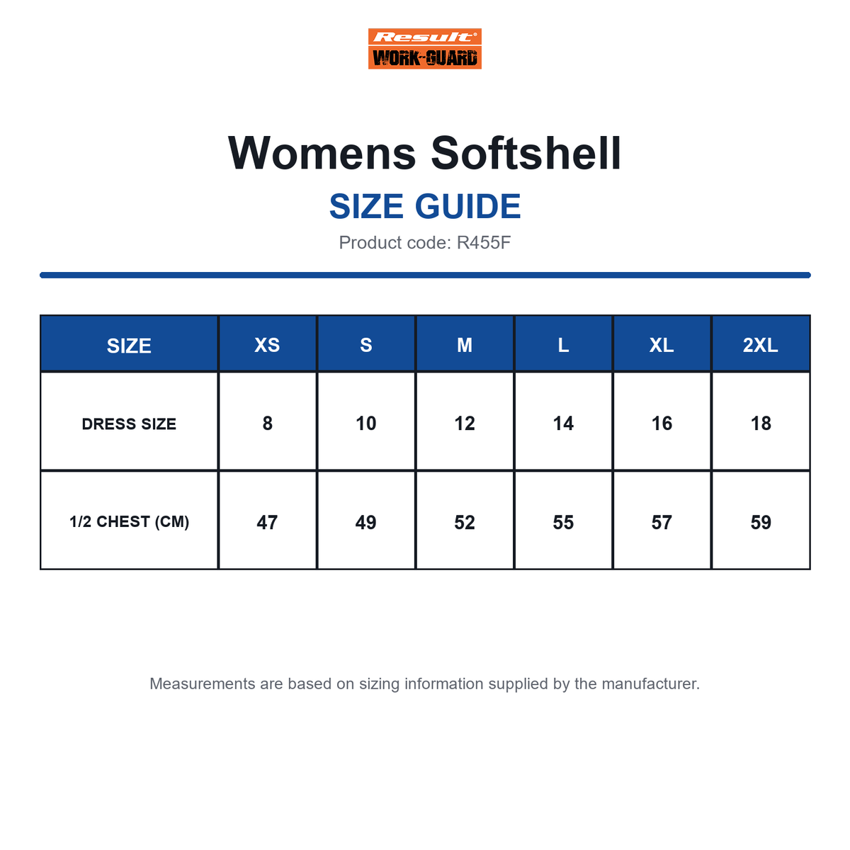 R455F Result Workguard Womens Softshell size guide (R455F)