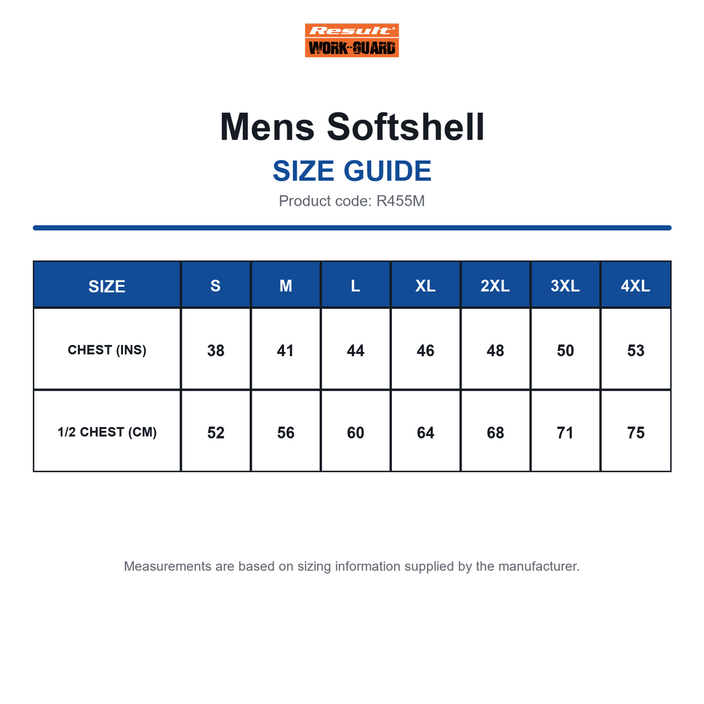 R455M Result Workguard Mens Softshell size guide (R455M)