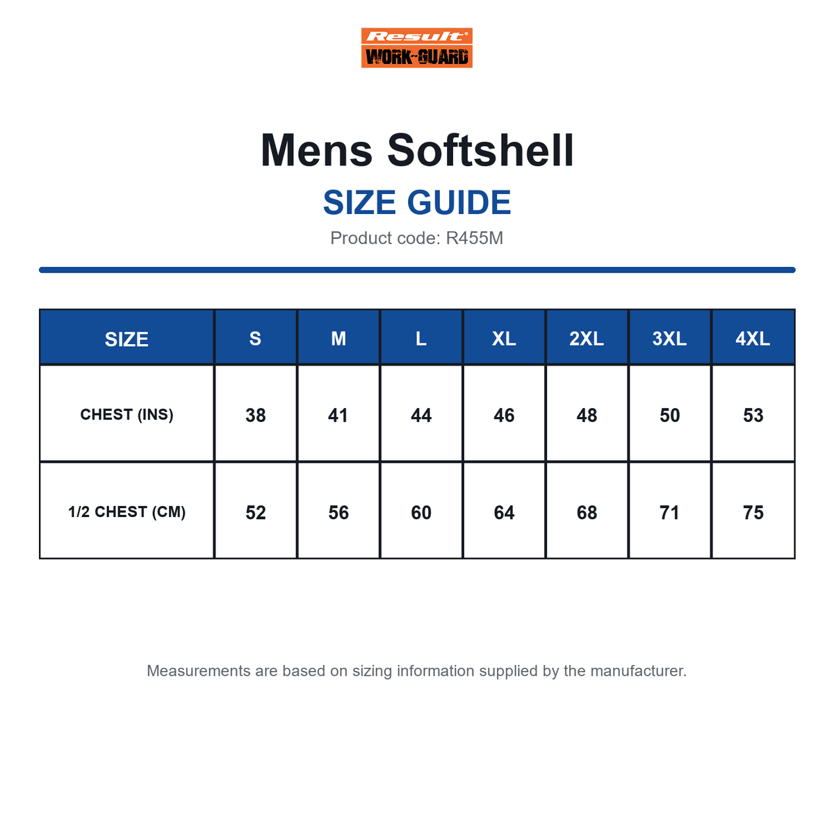 R455M Result Workguard Mens Softshell size guide (R455M)