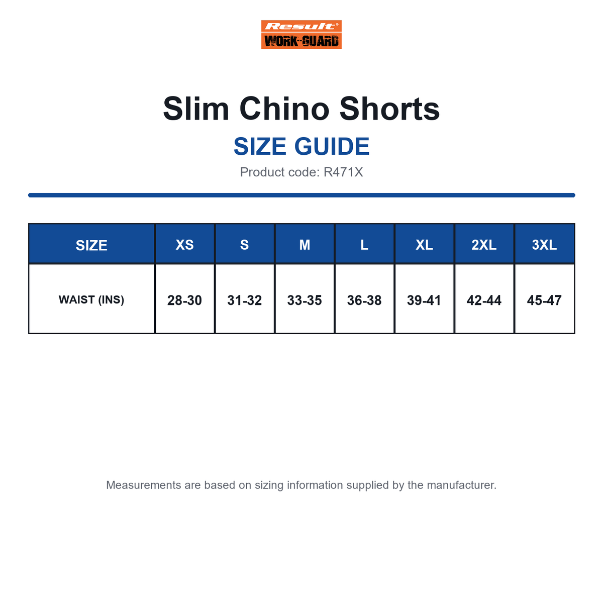 R471X Result Workguard Slim Chino Shorts size guide (R471X)