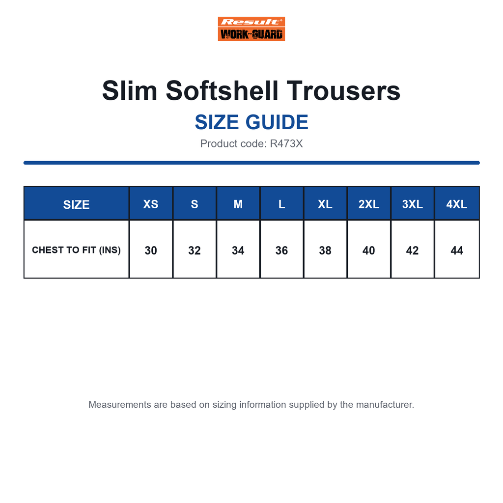 R473X Result Workguard Slim Softshell Trousers size guide (R473X)