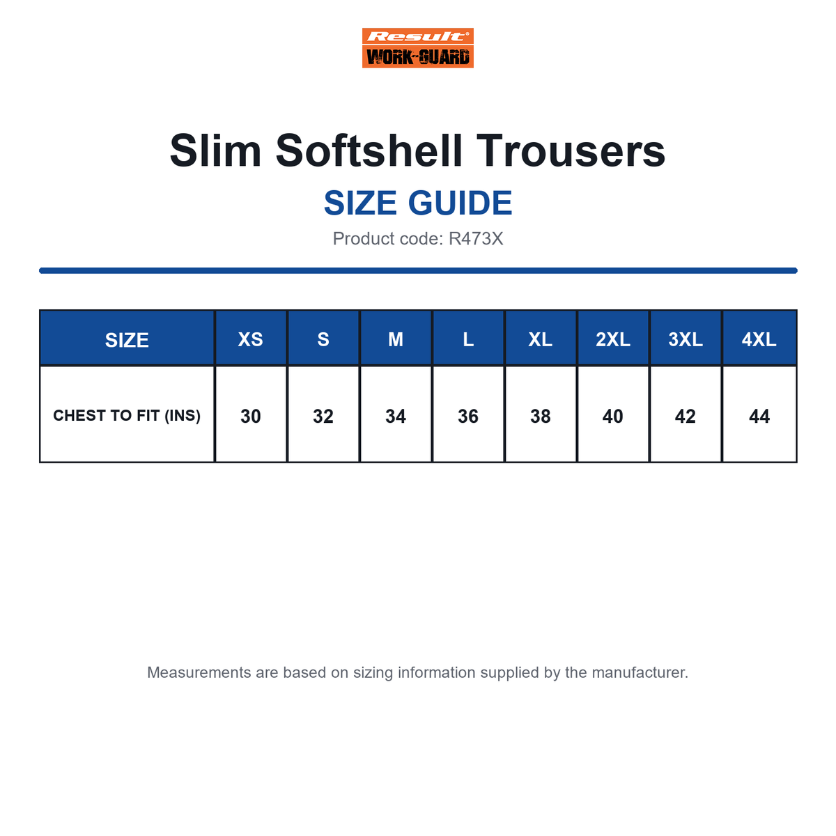 R473X Result Workguard Slim Softshell Trousers size guide (R473X)