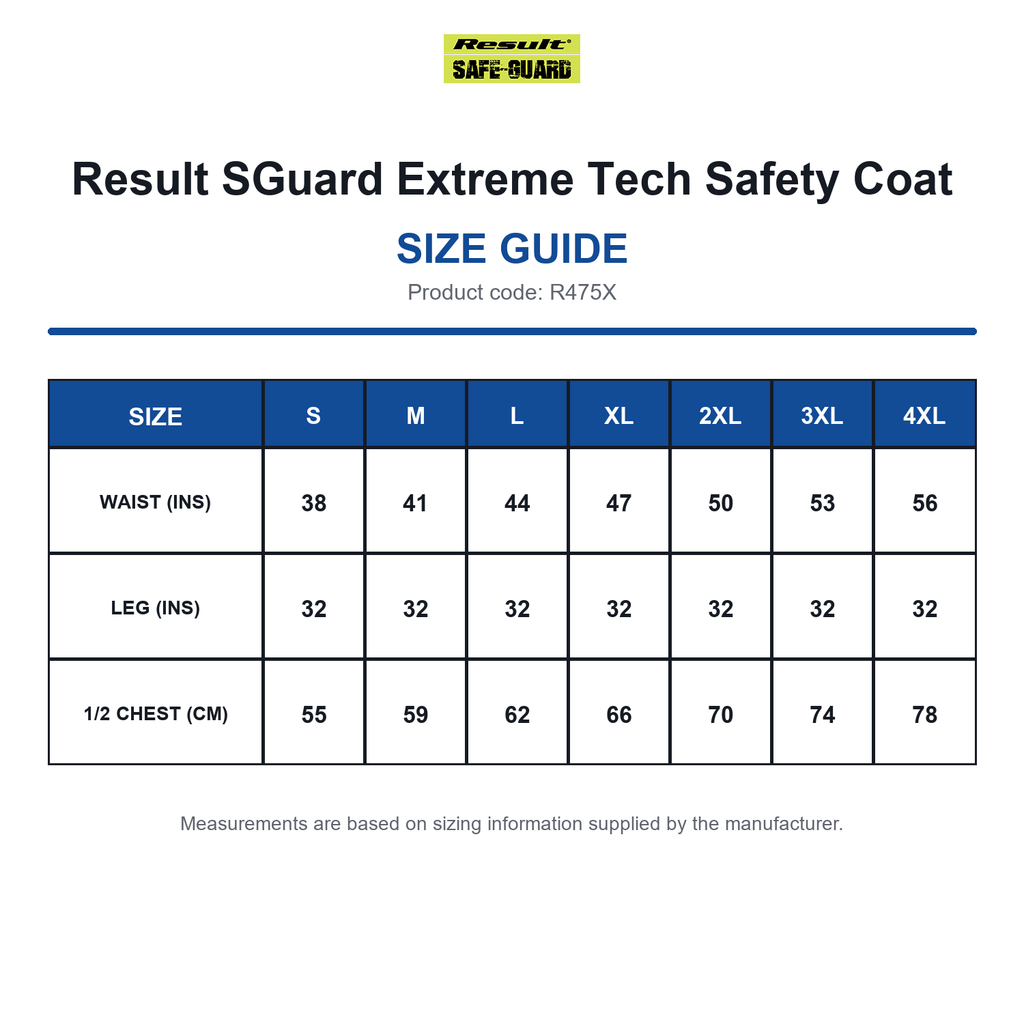 R475X Result SGuard Extreme Tech Safety Coat size guide (R475X)
