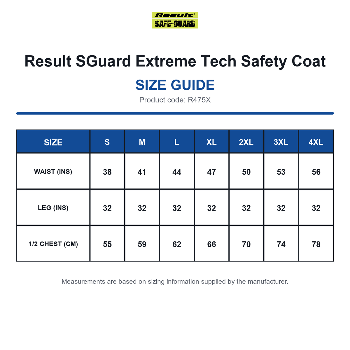 R475X Result SGuard Extreme Tech Safety Coat size guide (R475X)