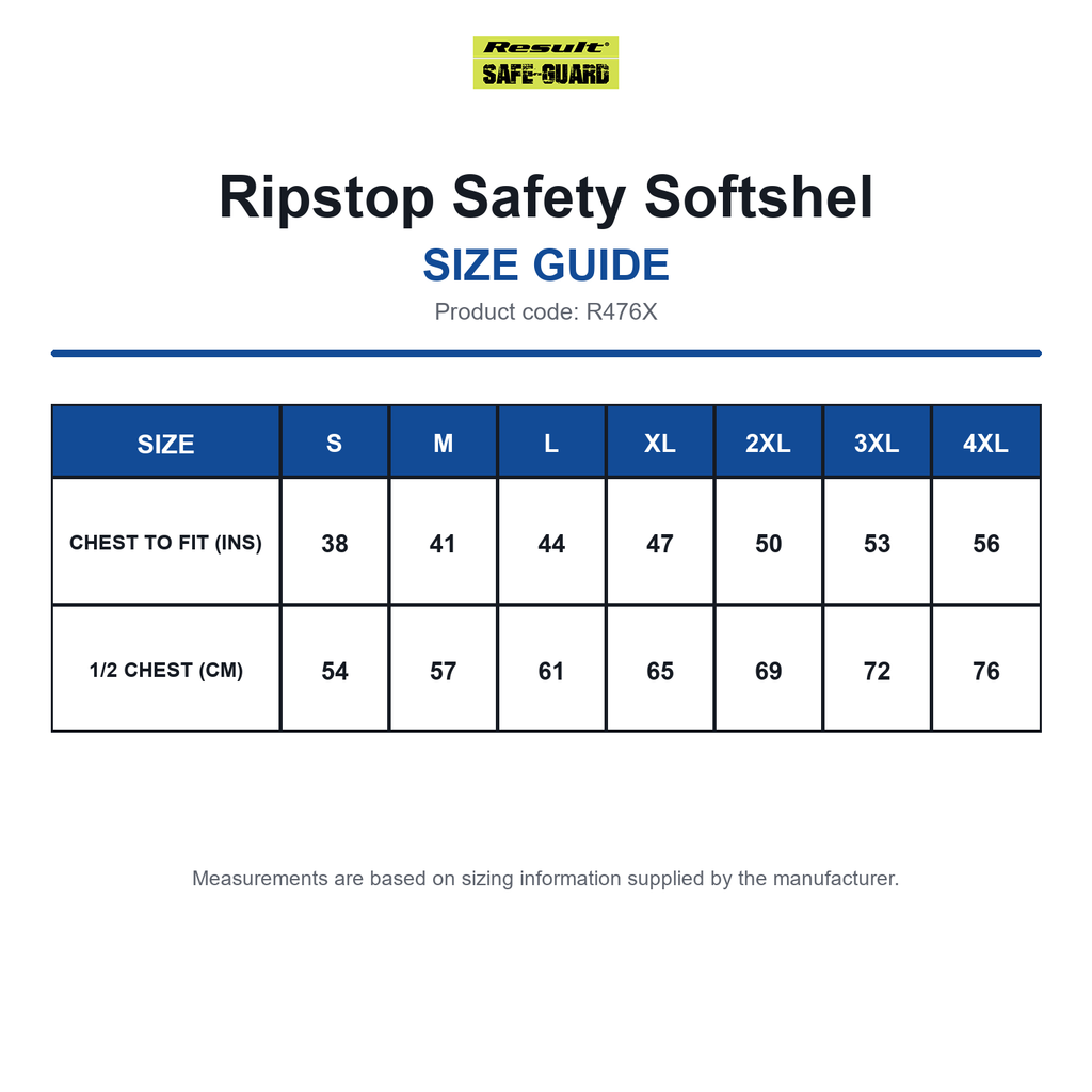 R476X Result Safeguard Ripstop Safety Softshel size guide (R476X)