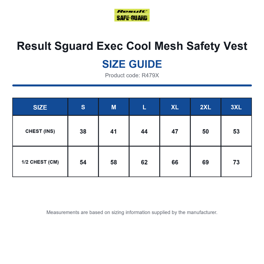 R479X Result Sguard Exec Cool Mesh Safety Vest size guide (R479X)