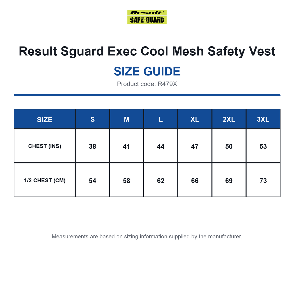 R479X Result Sguard Exec Cool Mesh Safety Vest size guide (R479X)