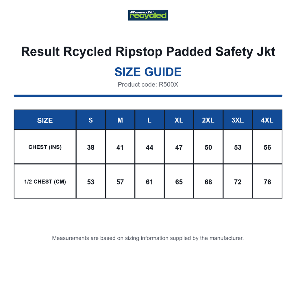 R500X Result Rcycled Ripstop Padded Safety Jkt size guide (R500X)