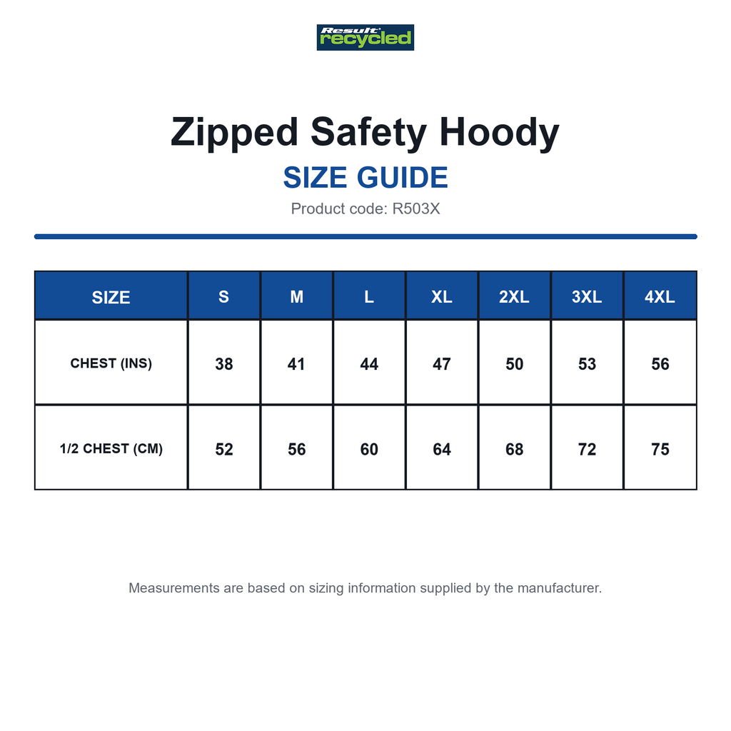 R503X Result Recycled Zipped Safety Hoody size guide (R503X)