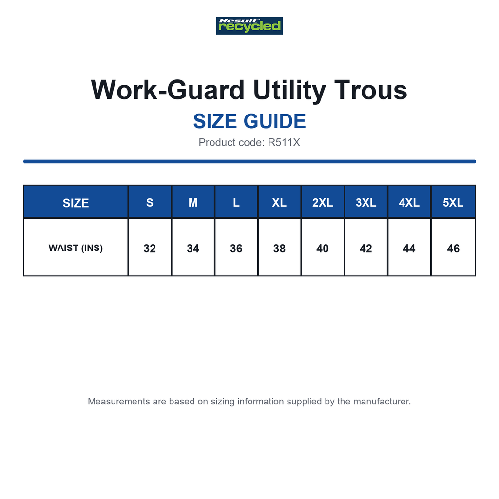 R511X Result Recycled Work-Guard Utility Trous size guide (R511X)