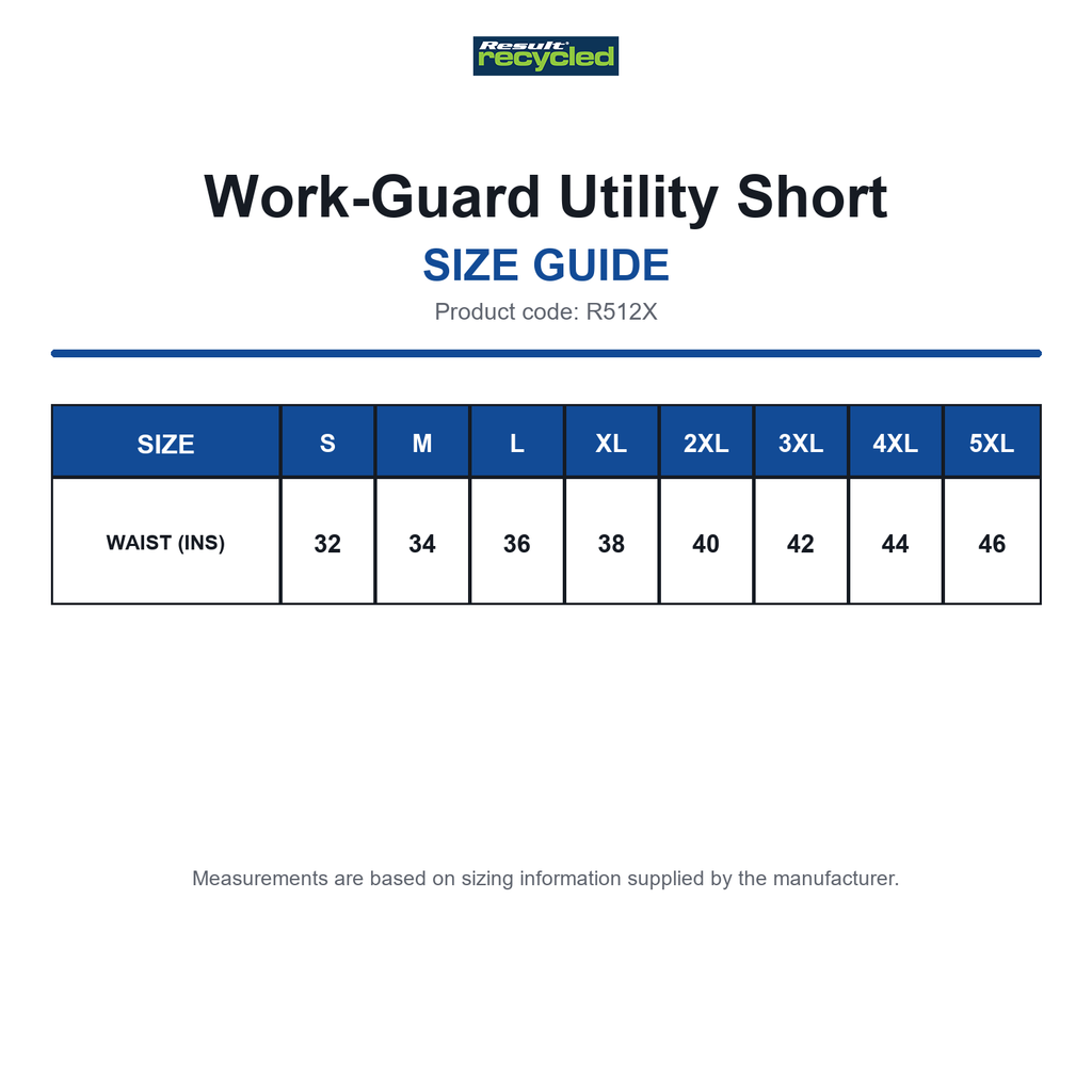 R512X Result Recycled Work-Guard Utility Short size guide (R512X)