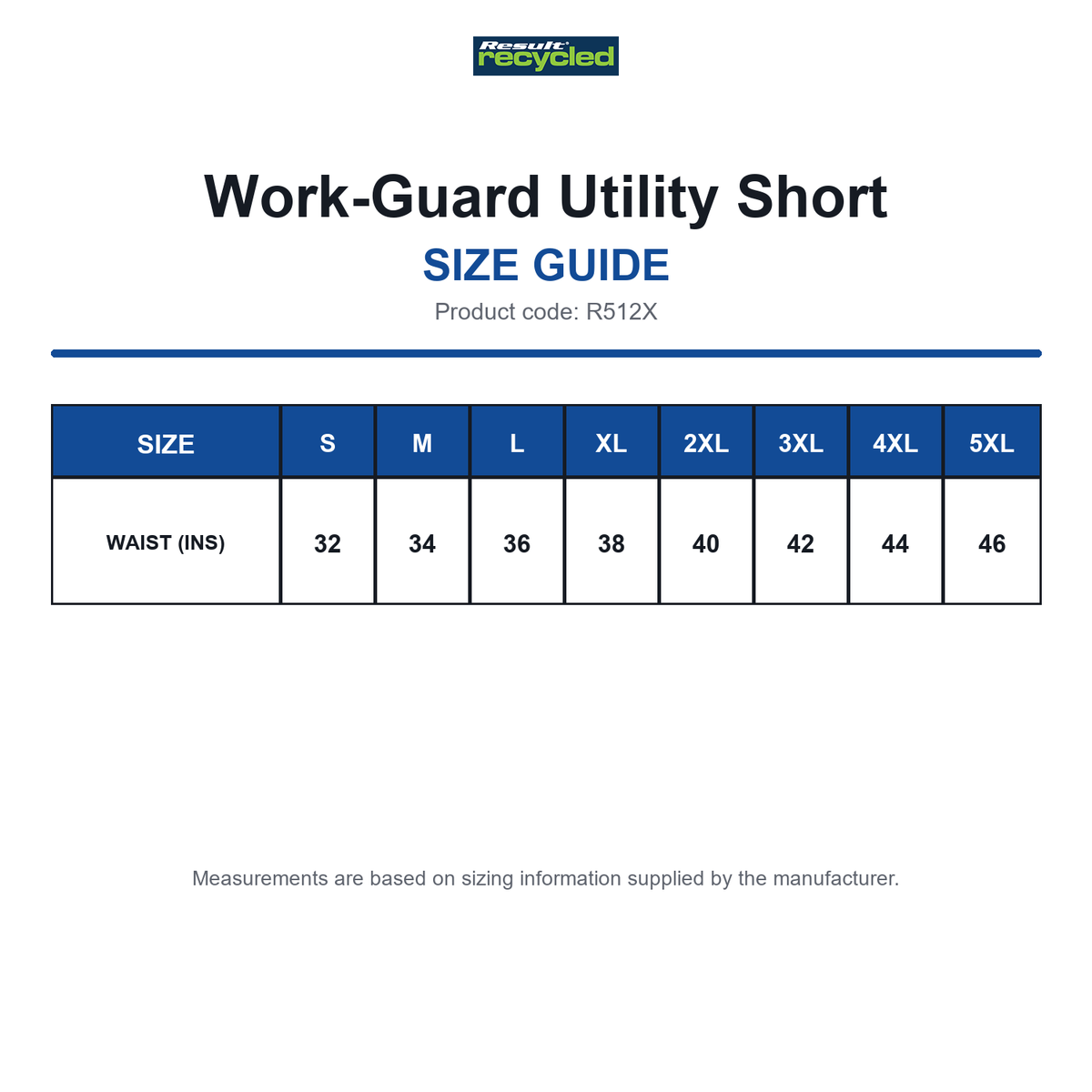 R512X Result Recycled Work-Guard Utility Short size guide (R512X)