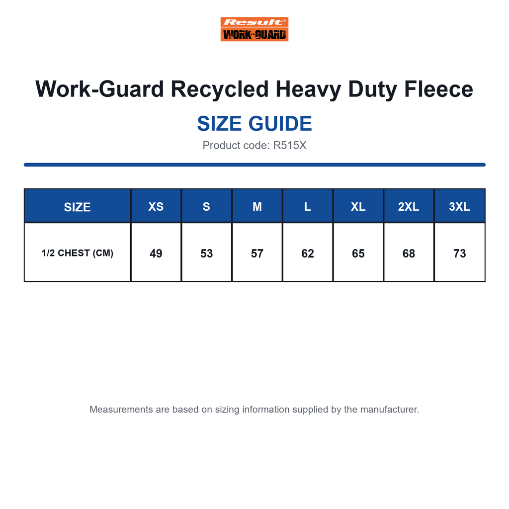 R515X Work-Guard Recycled Heavy Duty Fleece size guide (R515X)