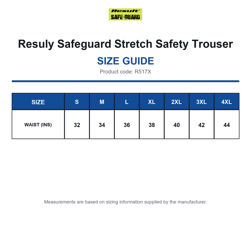 R517X Resuly Safeguard Stretch Safety Trouser size guide (R517X)