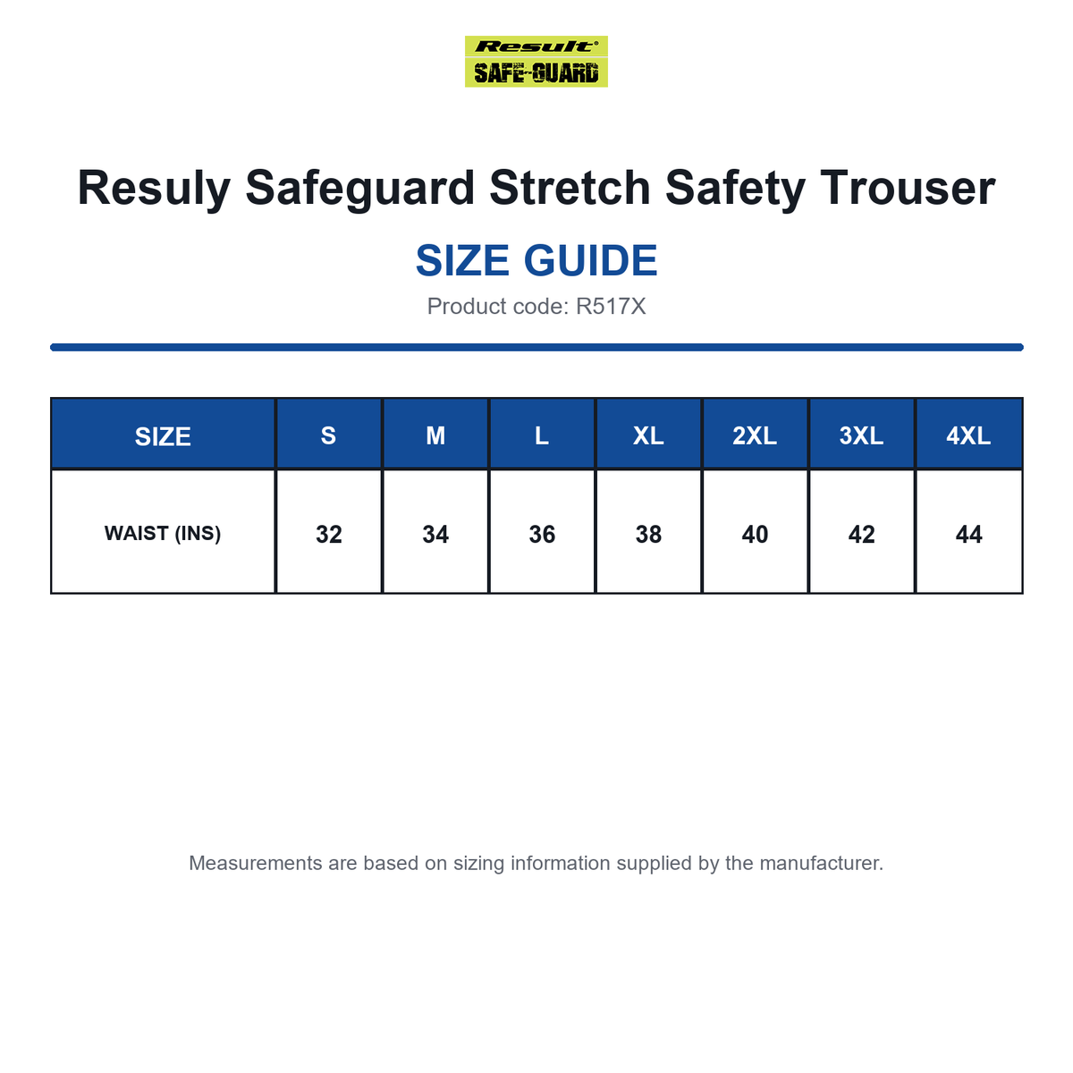 R517X Resuly Safeguard Stretch Safety Trouser size guide (R517X)