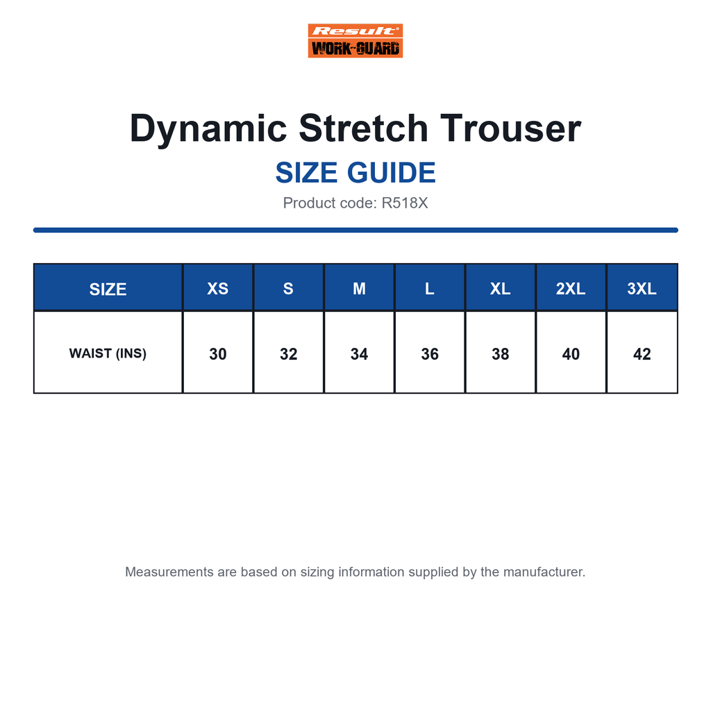 R518X Result Workguard Dynamic Stretch Trouser size guide (R518X)