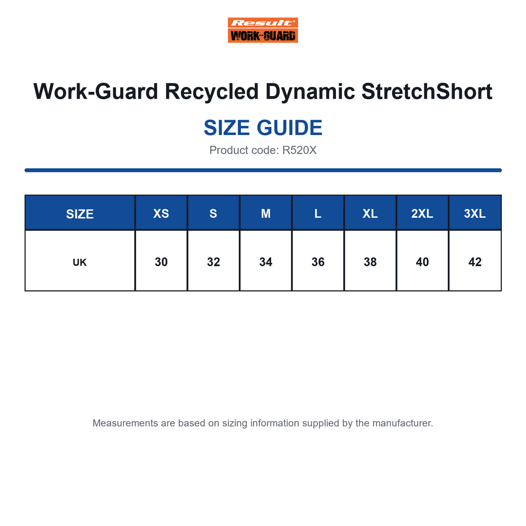 R520X Work-Guard Recycled Dynamic StretchShort size guide (R520X)