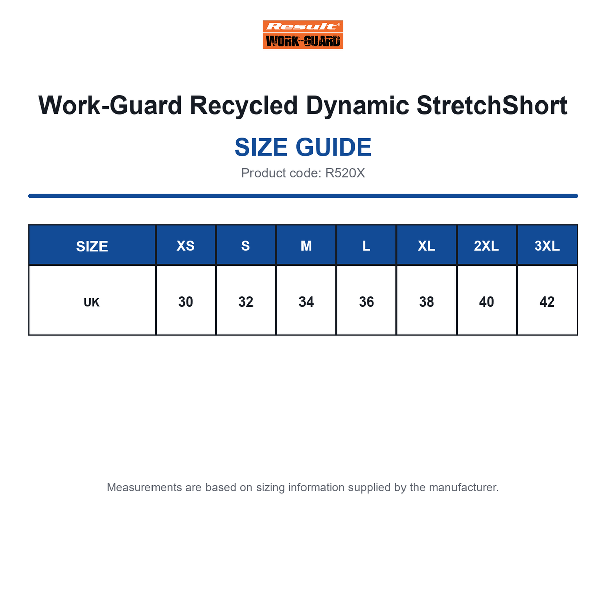 R520X Work-Guard Recycled Dynamic StretchShort size guide (R520X)
