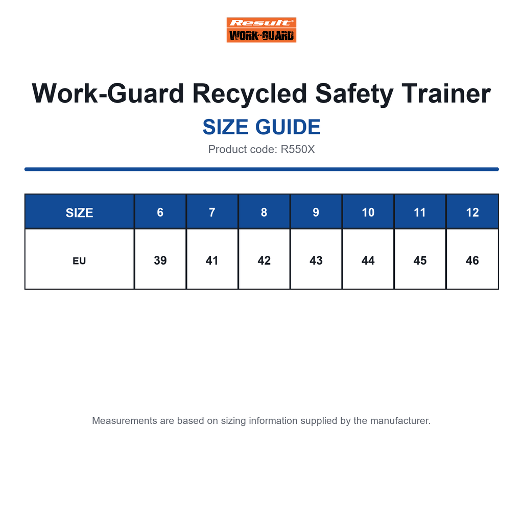 R550X Work-Guard Recycled Safety Trainer size guide (R550X)