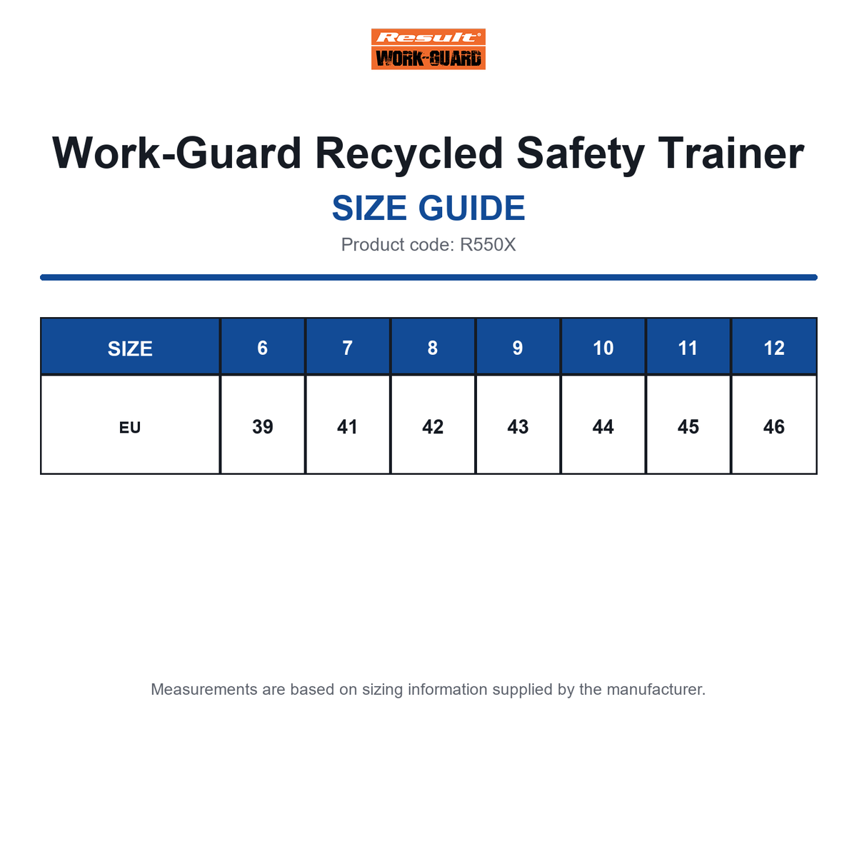 R550X Work-Guard Recycled Safety Trainer size guide (R550X)