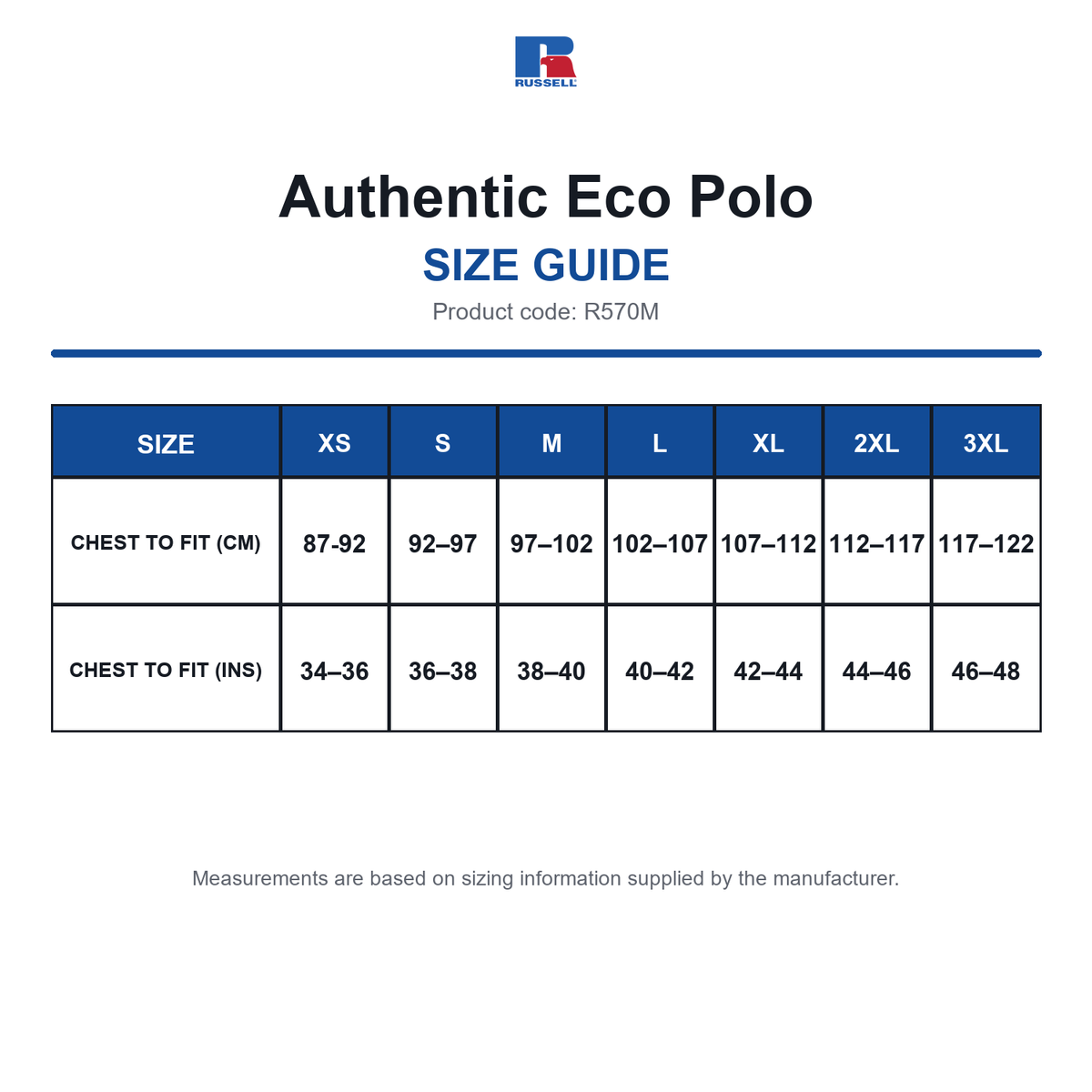 R570M Russell Authentic Eco Polo size guide (R570M)