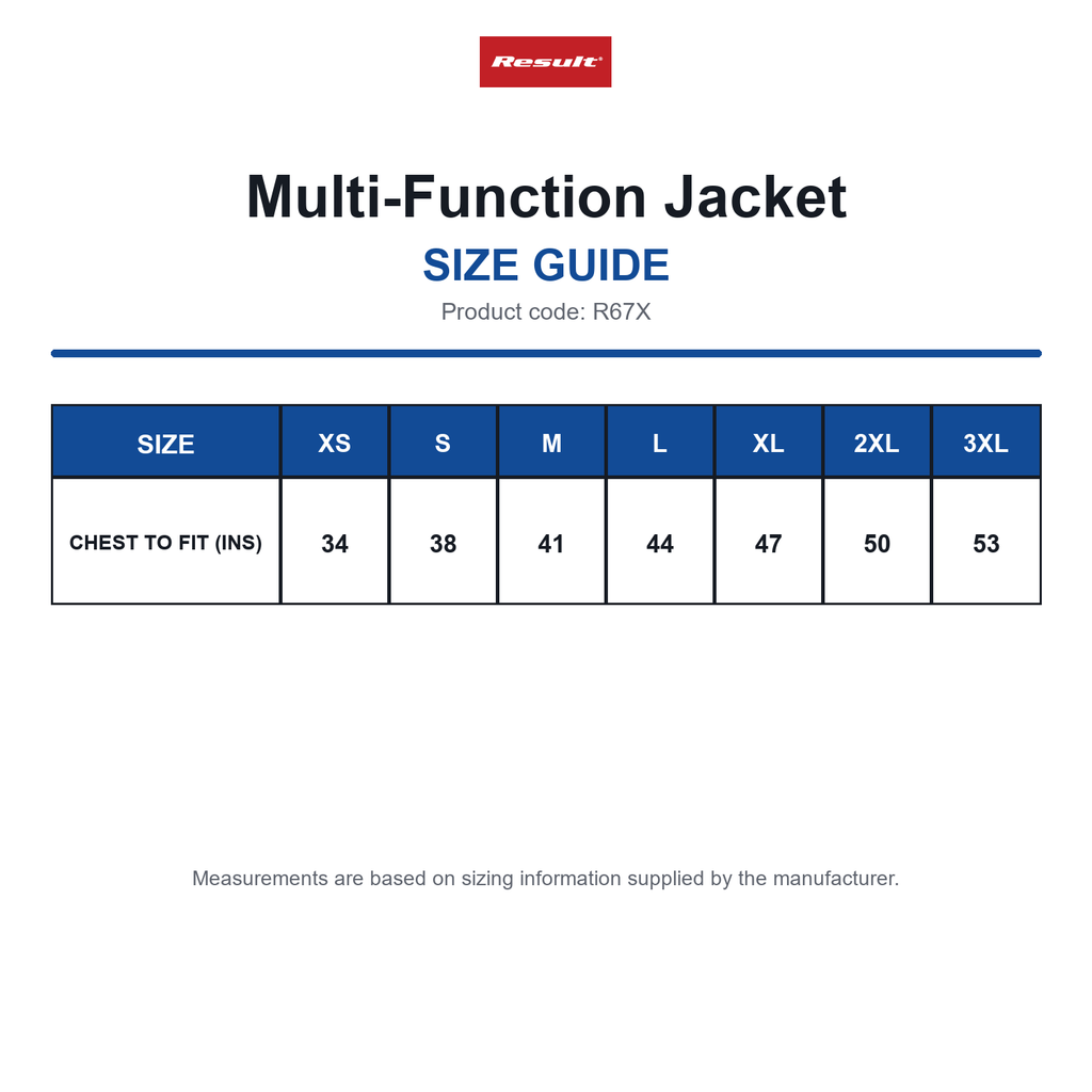 R67X Result Multi-Function Jacket size guide (R67X)