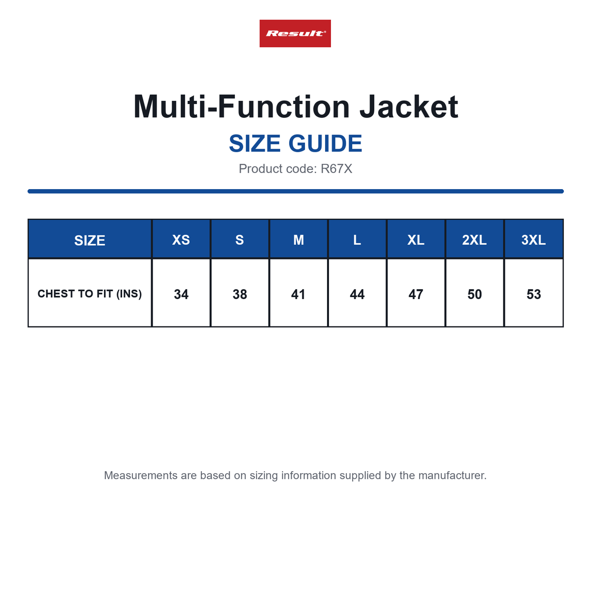 R67X Result Multi-Function Jacket size guide (R67X)