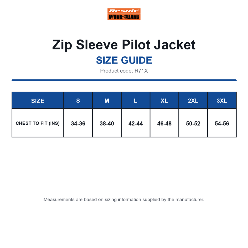 R71X Result Workguard Zip Sleeve Pilot Jacket size guide (R71X)
