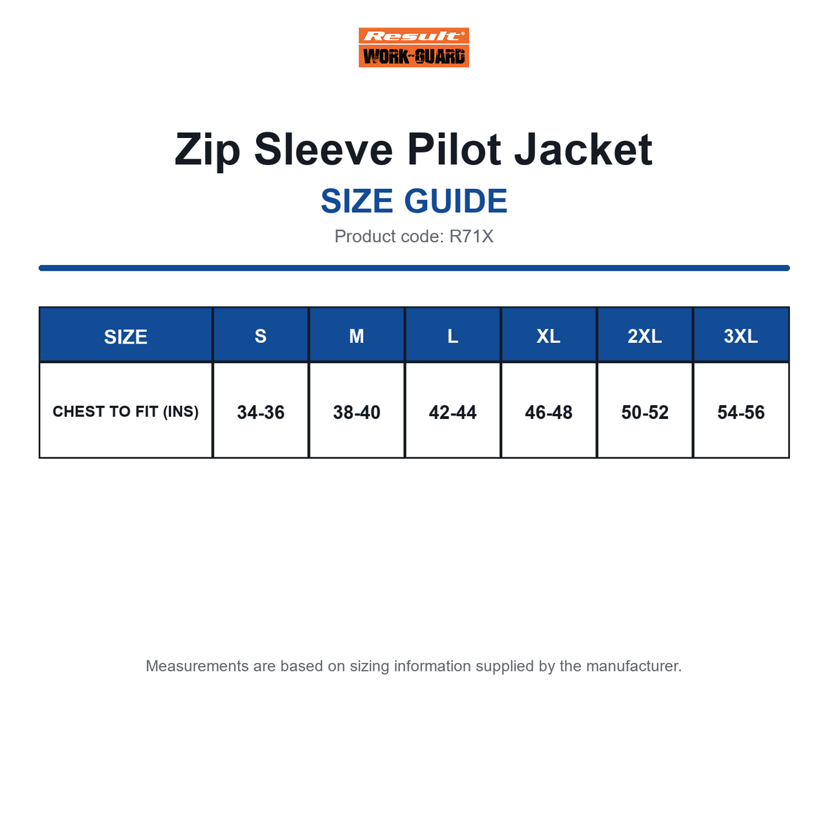 R71X Result Workguard Zip Sleeve Pilot Jacket size guide (R71X)