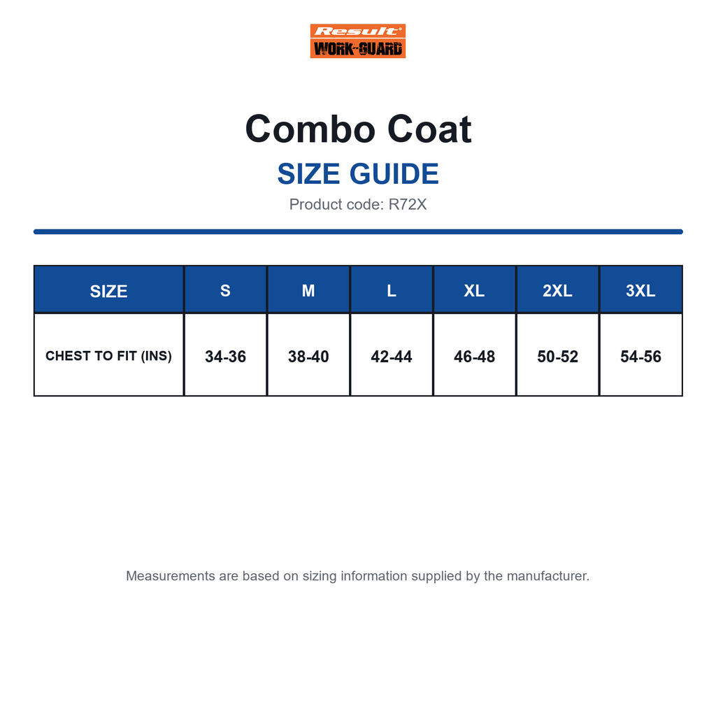 R72X Result Workguard Combo Coat size guide (R72X)