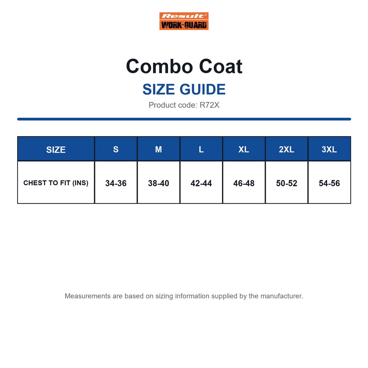 R72X Result Workguard Combo Coat size guide (R72X)