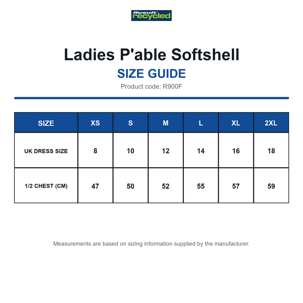 R900F Result Recycled Ladies P'able Softshell size guide (R900F)
