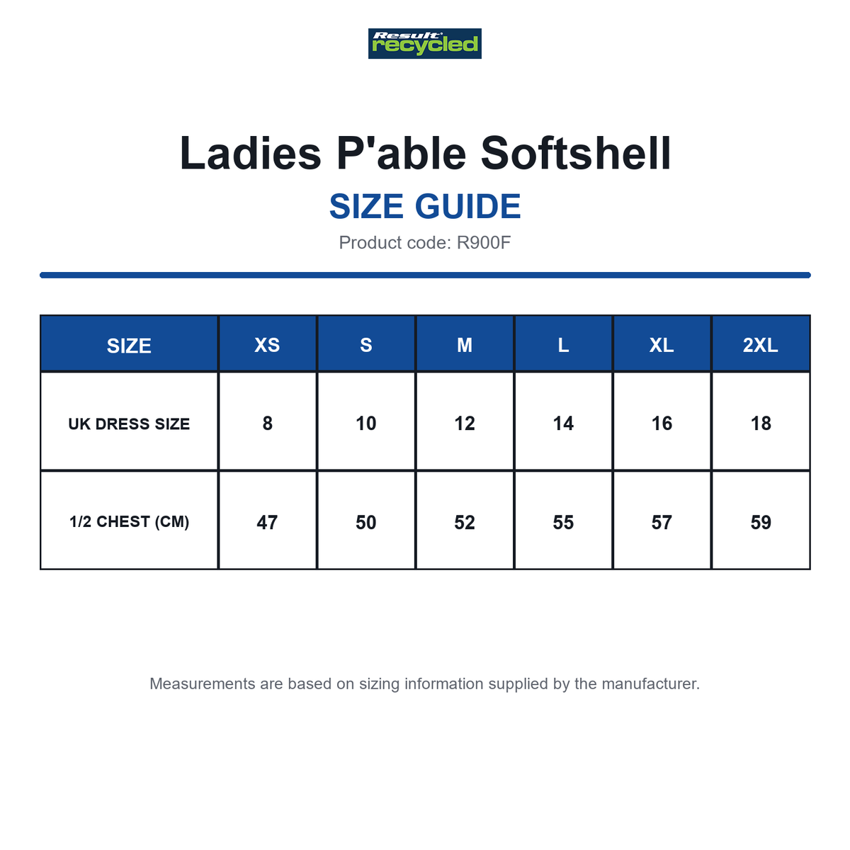 R900F Result Recycled Ladies P'able Softshell size guide (R900F)