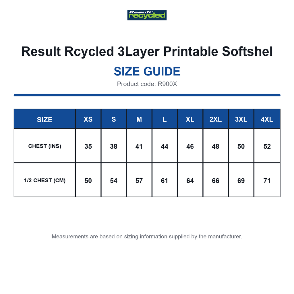 R900X Result Rcycled 3Layer Printable Softshel size guide (R900X)
