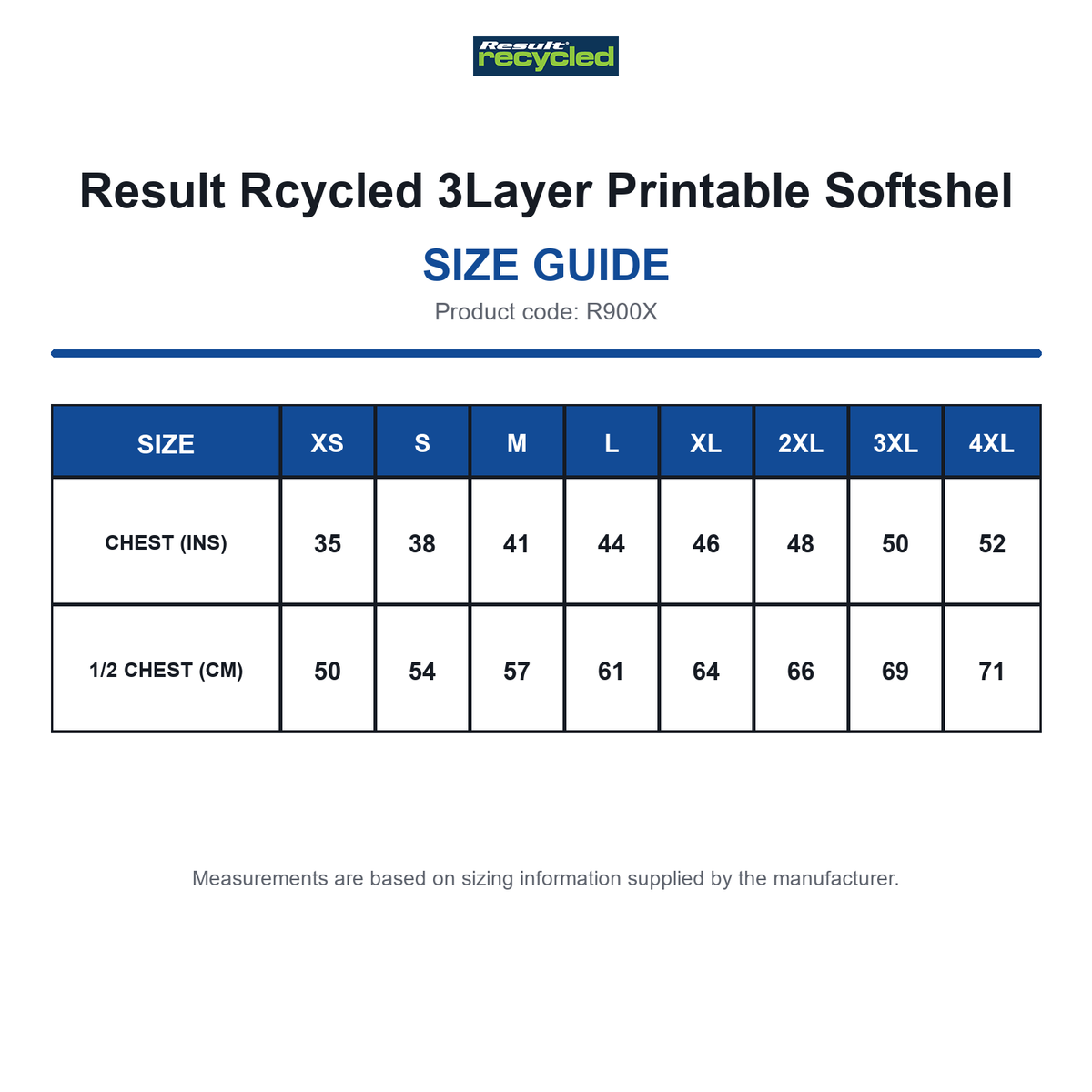 R900X Result Rcycled 3Layer Printable Softshel size guide (R900X)