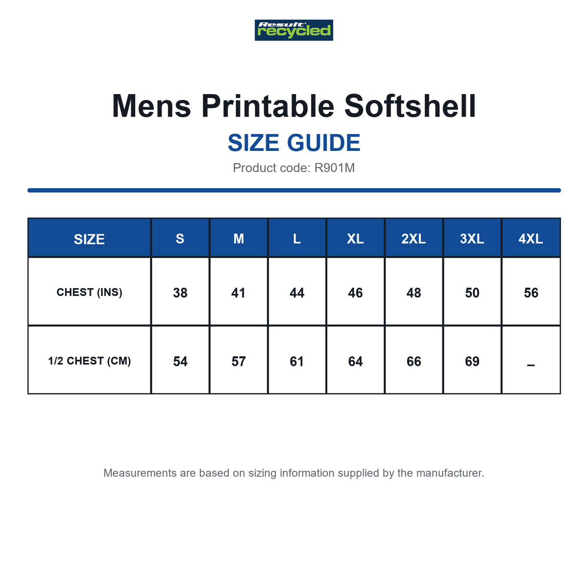 R901M Result Recycled Mens Printable Softshell size guide (R901M)