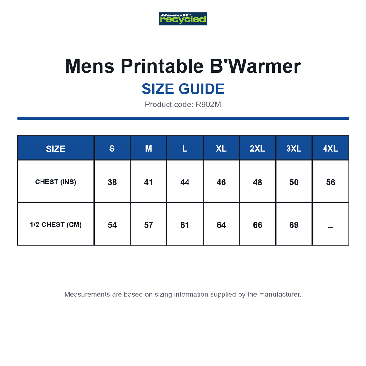R902M Result Recycled Mens Printable B'Warmer size guide (R902M)