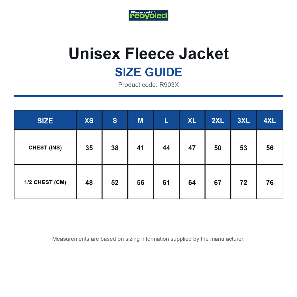 R903X Result Recycled Unisex Fleece Jacket size guide (R903X)