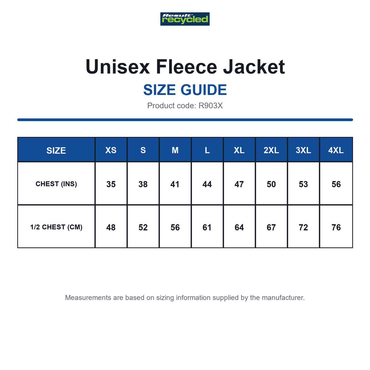 R903X Result Recycled Unisex Fleece Jacket size guide (R903X)