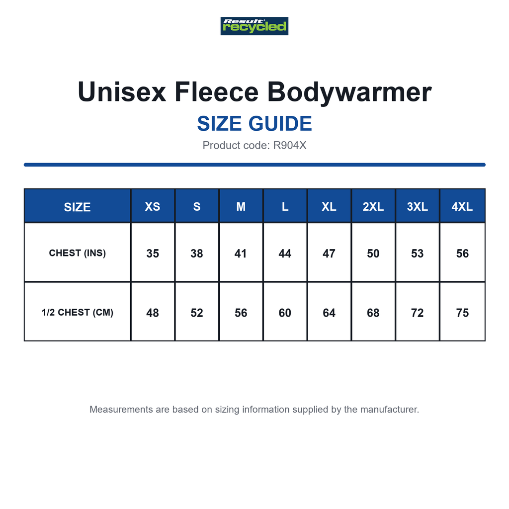 R904X Result Recycled Unisex Fleece Bodywarmer size guide (R904X)