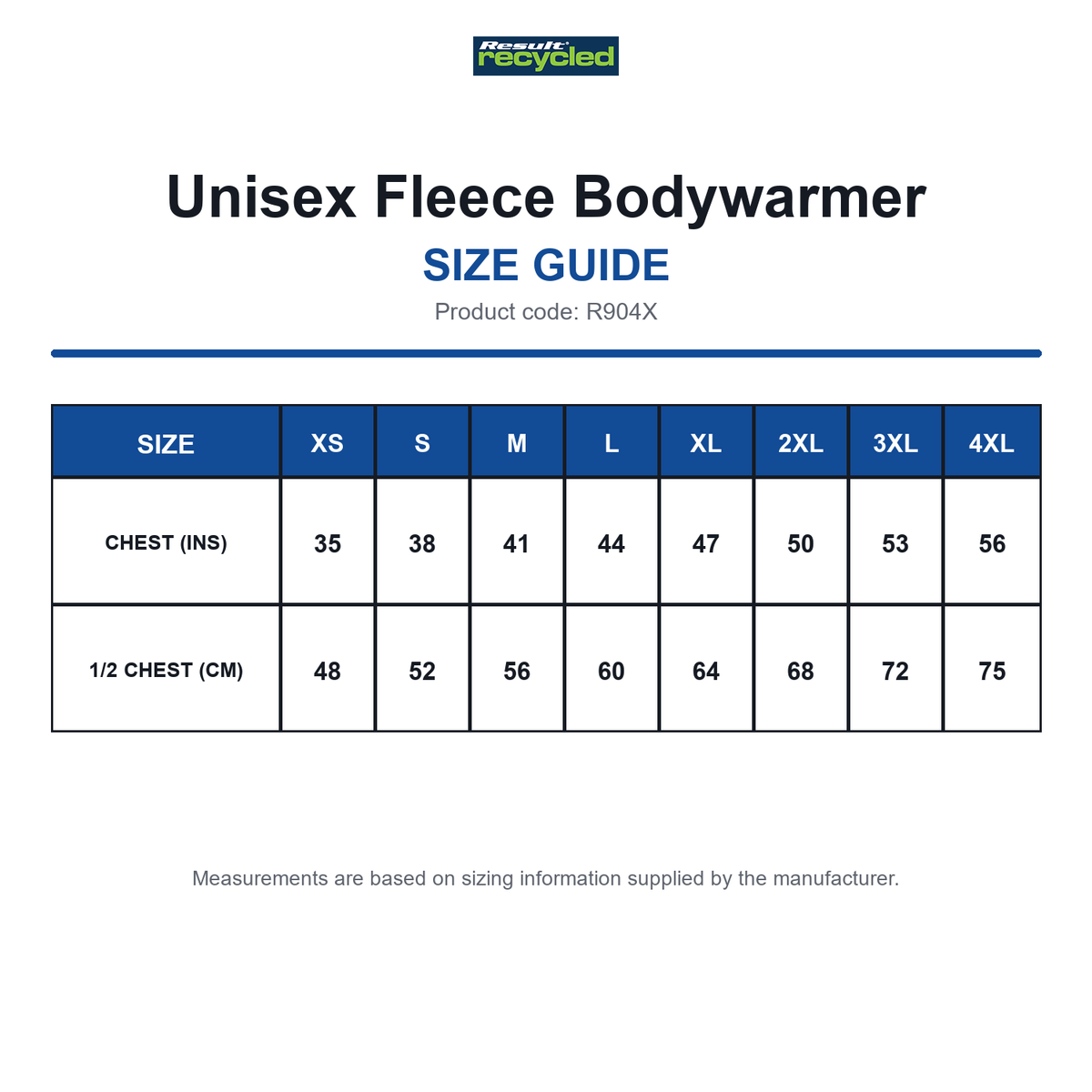 R904X Result Recycled Unisex Fleece Bodywarmer size guide (R904X)
