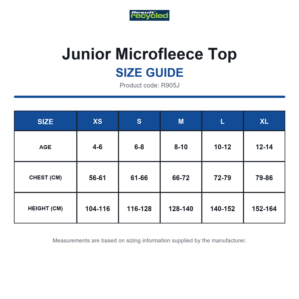 R905J Result Recycled Junior Microfleece Top size guide (R905J)