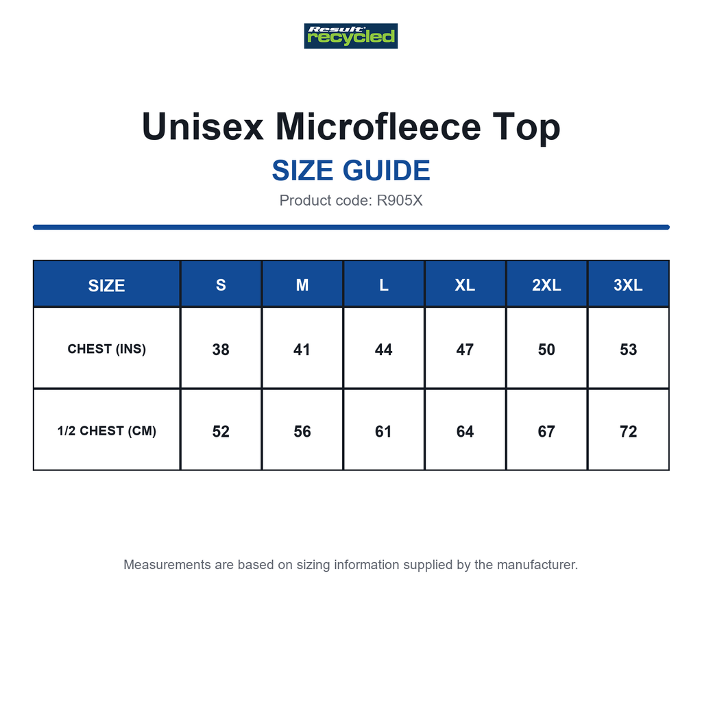 R905X Result Recycled Unisex Microfleece Top size guide (R905X)